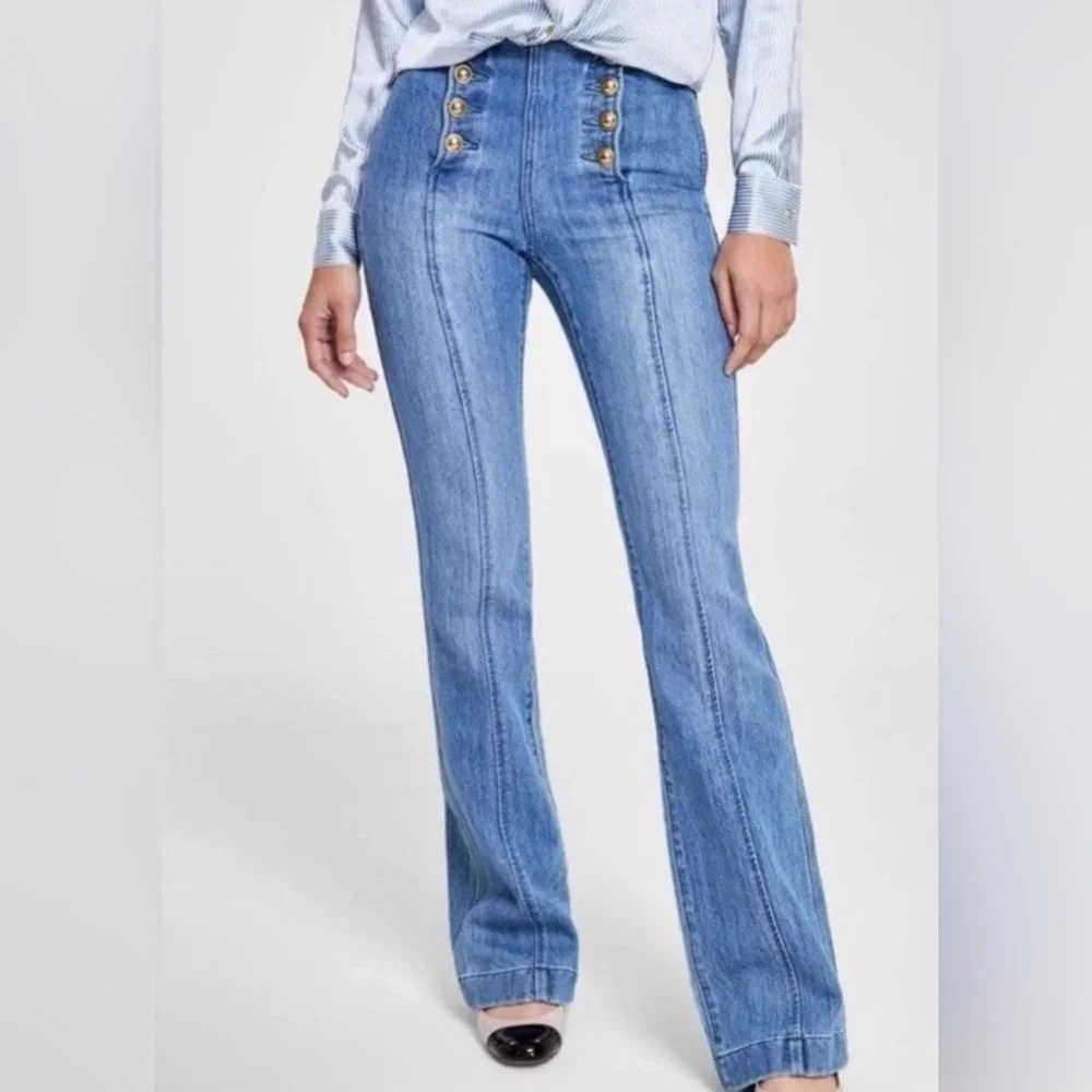 MICHAEL KORS Double Button Sailor Flared Jeans Blue Womens Petite 12P NWT
